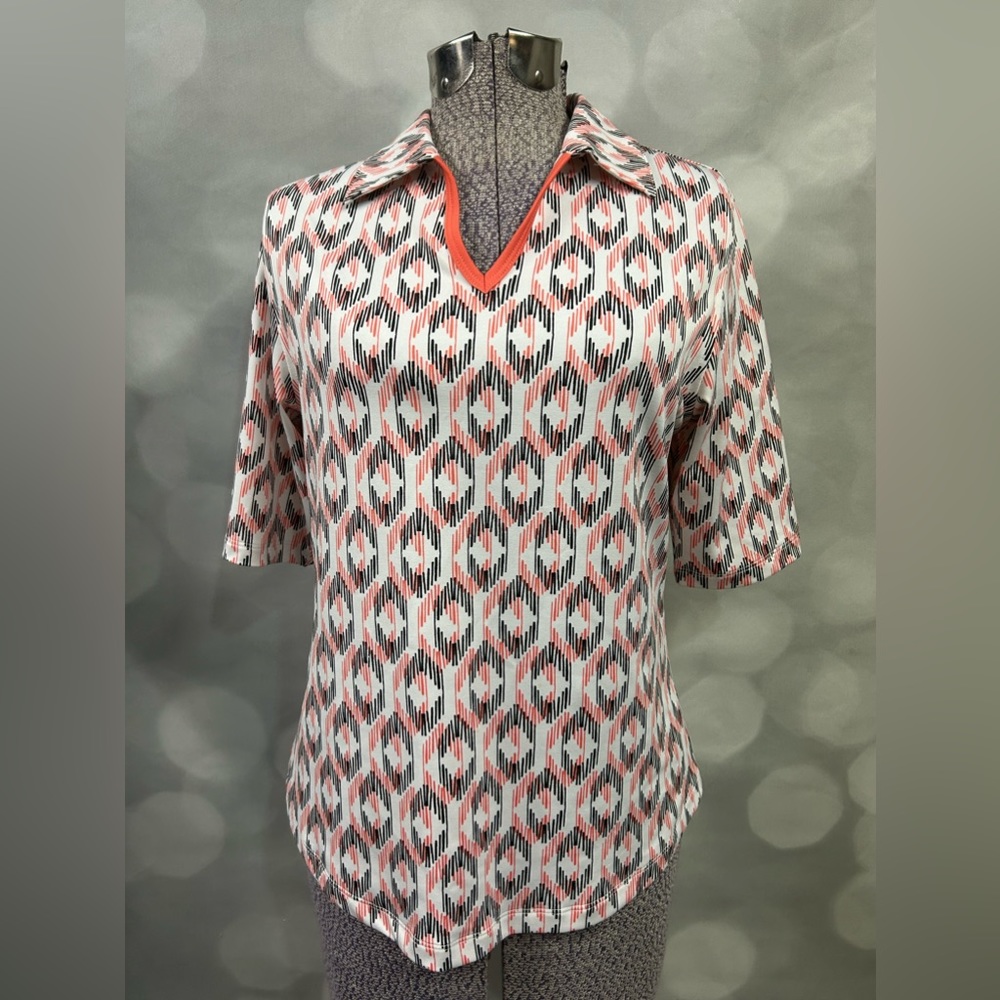 NWT Golf America orange and black geometric collared golf top in size small‎